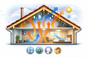Doorsnede van een woning waarbij zichtbaar is hoe dakproblemen invloed hebben op warmte, vocht en het binnenklimaat.
