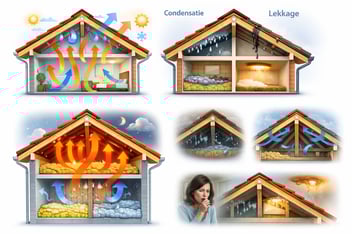 Visualisatie van warmteverlies via het dak en de invloed van isolatie op comfort en energieverlies.