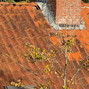 Dakpannen met lichte slijtage en verkleuring, passend bij normale veroudering zonder duidelijke structurele schade.